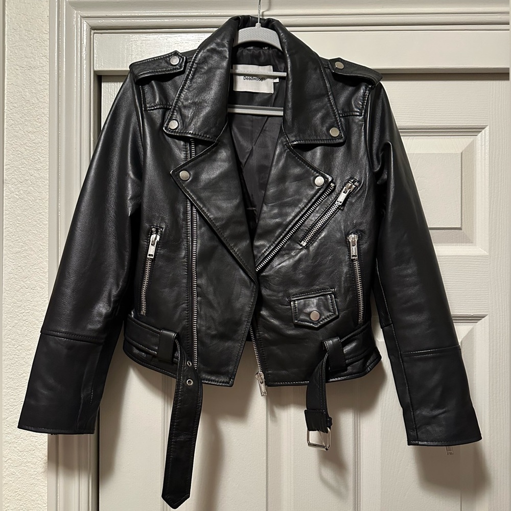 Deadwood Cropped Joan Recycled Leather Motorcycle Jacket 38/6 - Picture 7 of 9